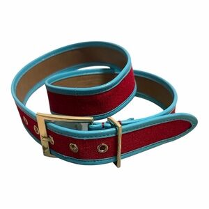 Talbots Linen and Leather Belt vibrant red strap aqua blue leather trim M 34”
